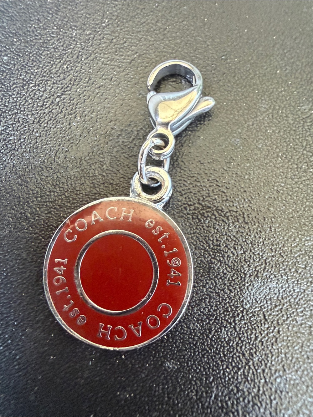 Coach Silver-Tone Red Enamel Mini Round Charm with Lobster Clasp